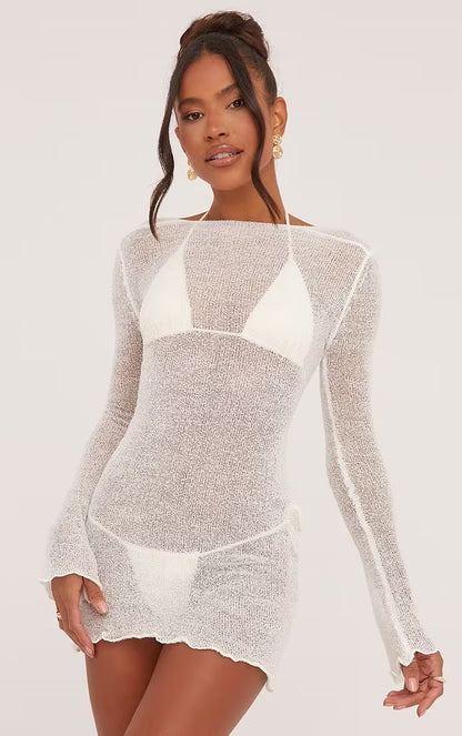 Long Sleeve Open Back Mini Beach Dress