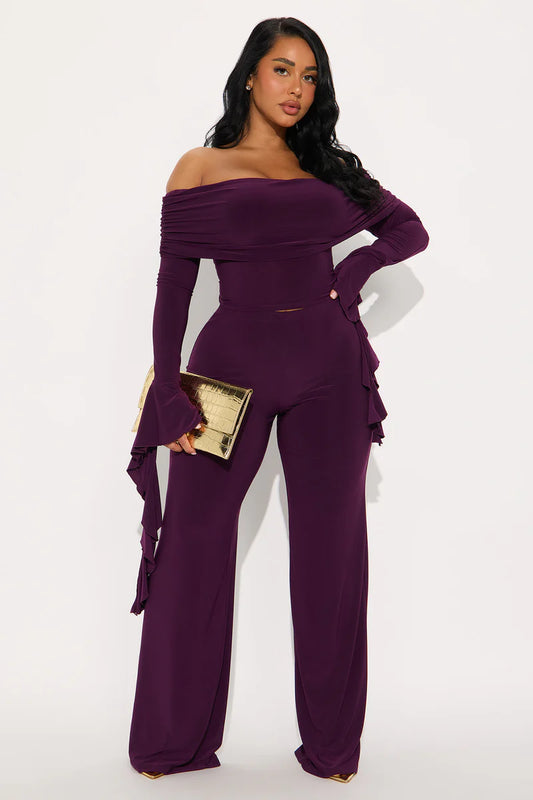 On Again Off Shoulder Top And Pant Set - Eggplant