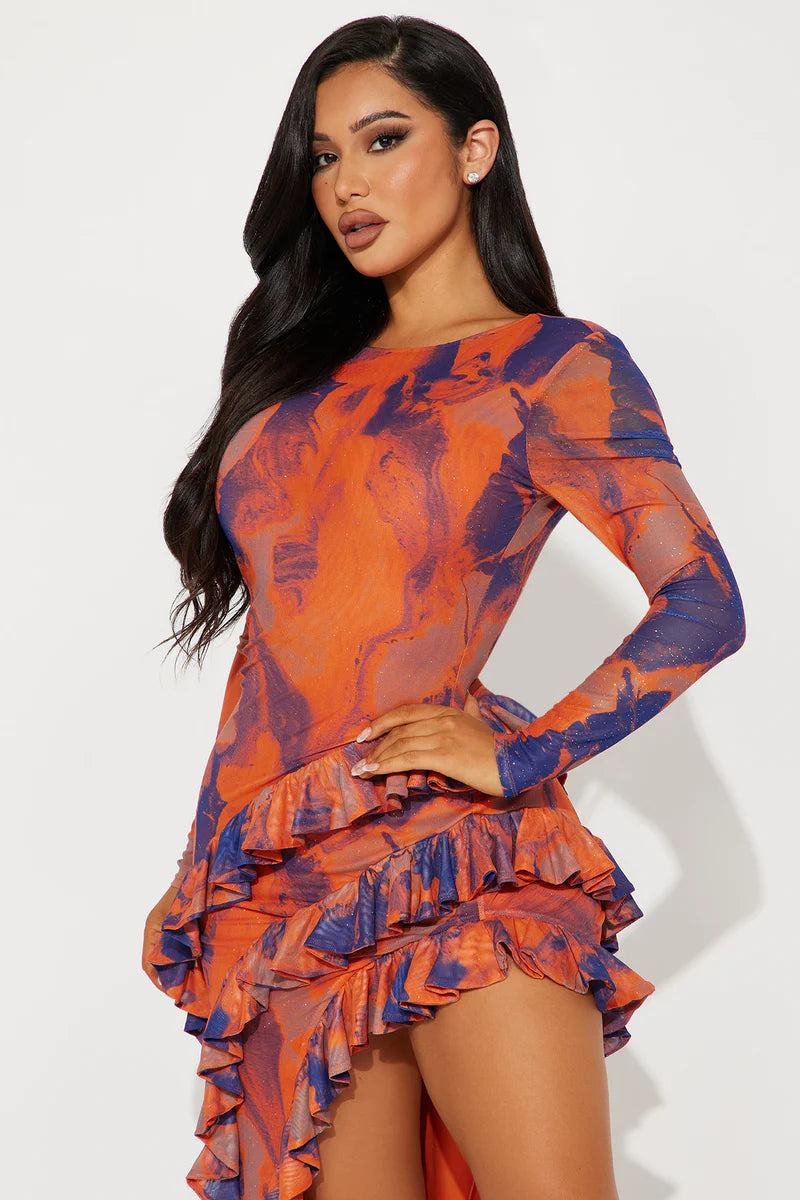 Santana Ruffle Mesh Maxi Dress - Orangecombo