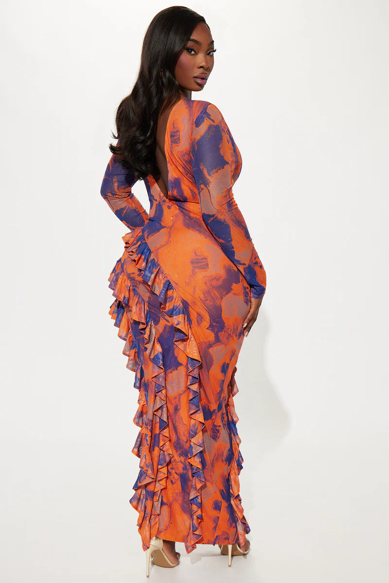 Santana Ruffle Mesh Maxi Dress - Orangecombo