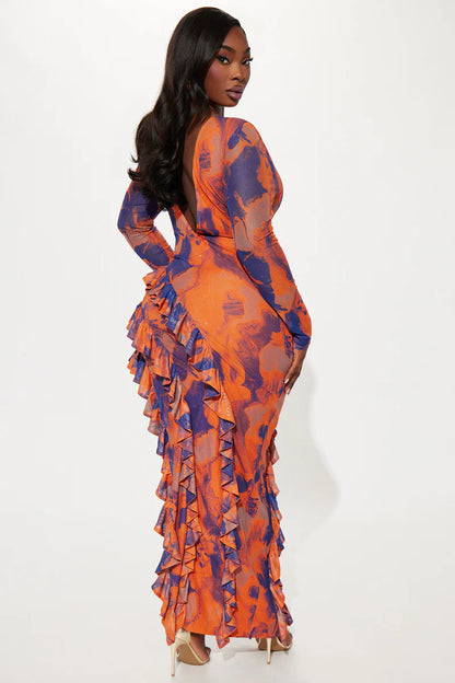 Santana Ruffle Mesh Maxi Dress - Orangecombo