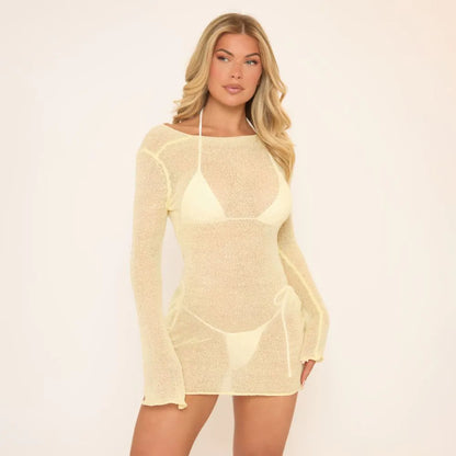 Long Sleeve Open Back Mini Beach Dress