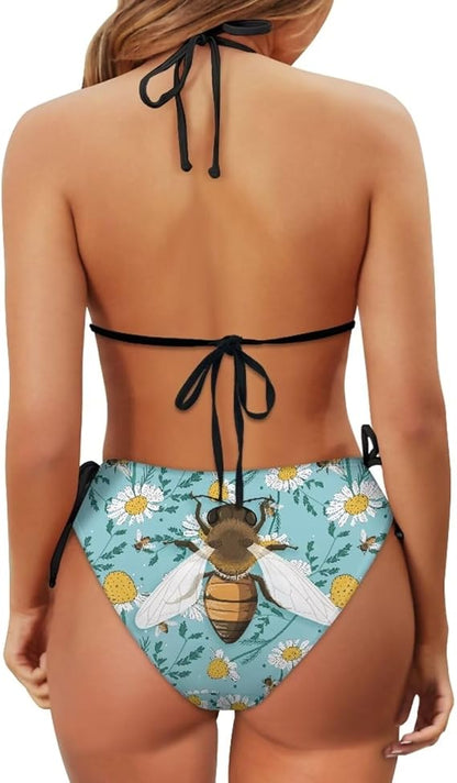 Cozeyat Women Triangle Halter Bikini Set Printed Sexy String Two Piece Swimsuit Bathing Beach Swimwear