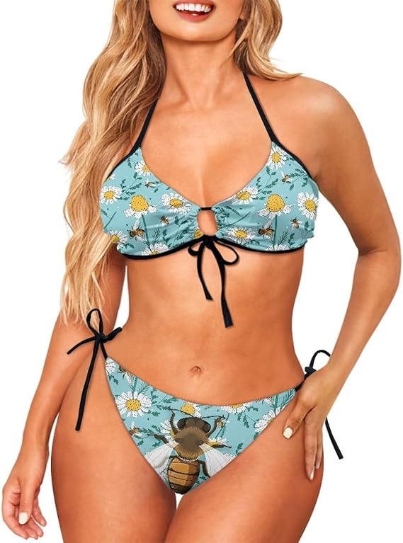 Cozeyat Women Triangle Halter Bikini Set Printed Sexy String Two Piece Swimsuit Bathing Beach Swimwear